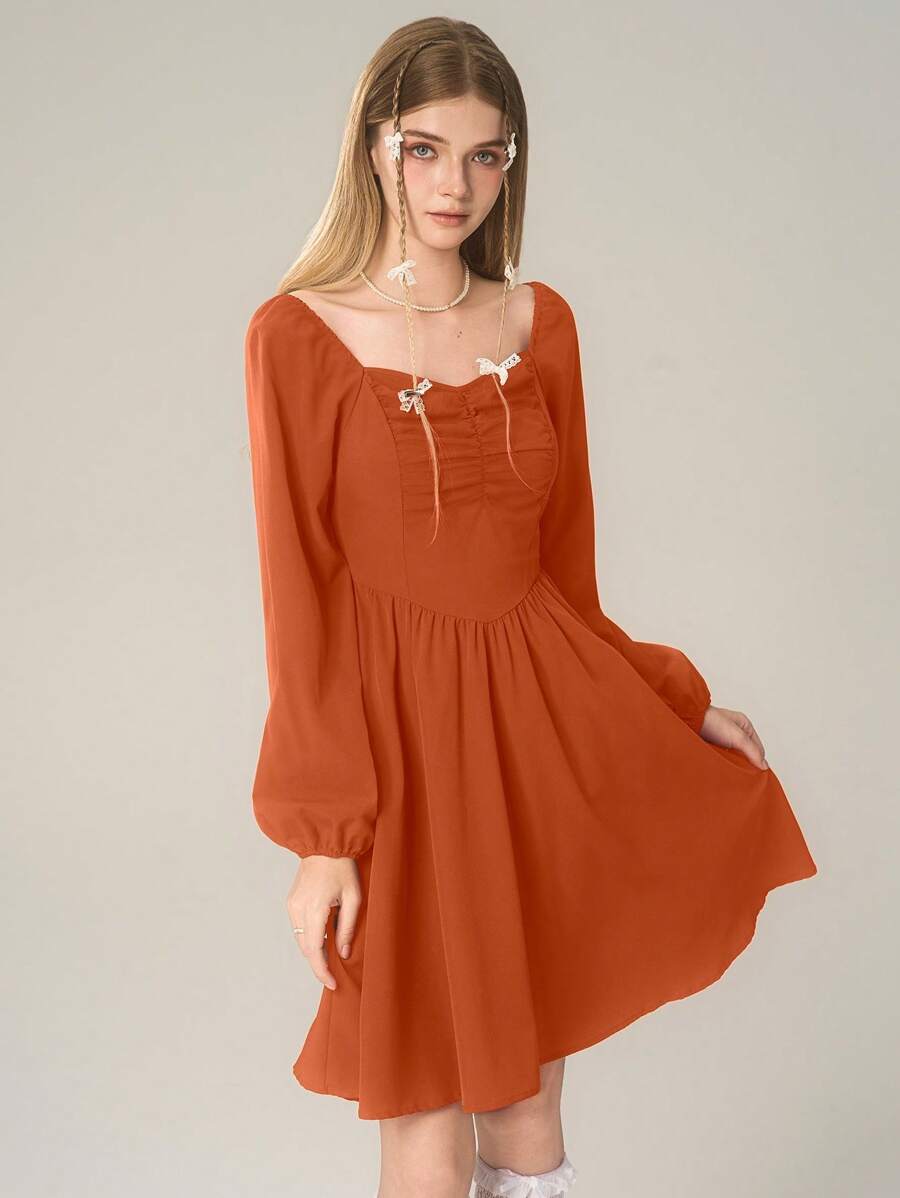 SHEIN 少女圣诞红色泡泡袖迷你连衣裙 - 橘色 - 查看 1