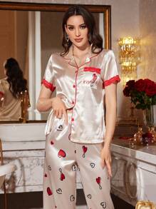 Conjunto de cárdigan con parche de encaje de color contrastante y estampado de seda sintética - Champán - Ver 4