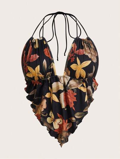 SHEIN ICON Plus Size Halter Backless Tie Strap Autumn Maple Leaf Print Halter Top, For Summer