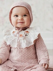 SHEIN Baby Girl Pink Cute Embroidered Lace Trim Long Sleeve Romper Jumpsuit Loungewear