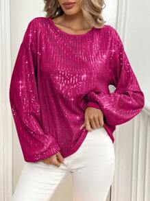 SHEIN Clasi Women's Party Elegant Sequin Lantern Sleeve Crew Neck Long Sleeve Blouse, Autumn & Winter For Holiday Party Clothes