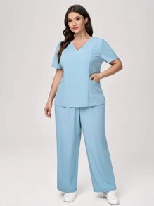 TaskEZ Plus Size Solid Color Short Sleeve Top & Pants Scrub Uniform Set - Green - View 5