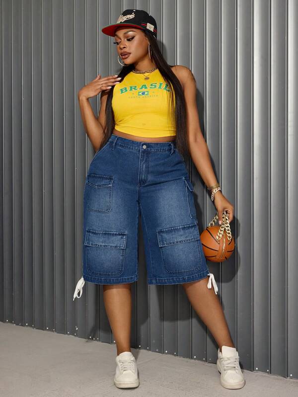 SHEIN SXY Plus Size Women Music Festival Loose Drawstring Hem Straight Leg Denim Cargo Capri Pants
