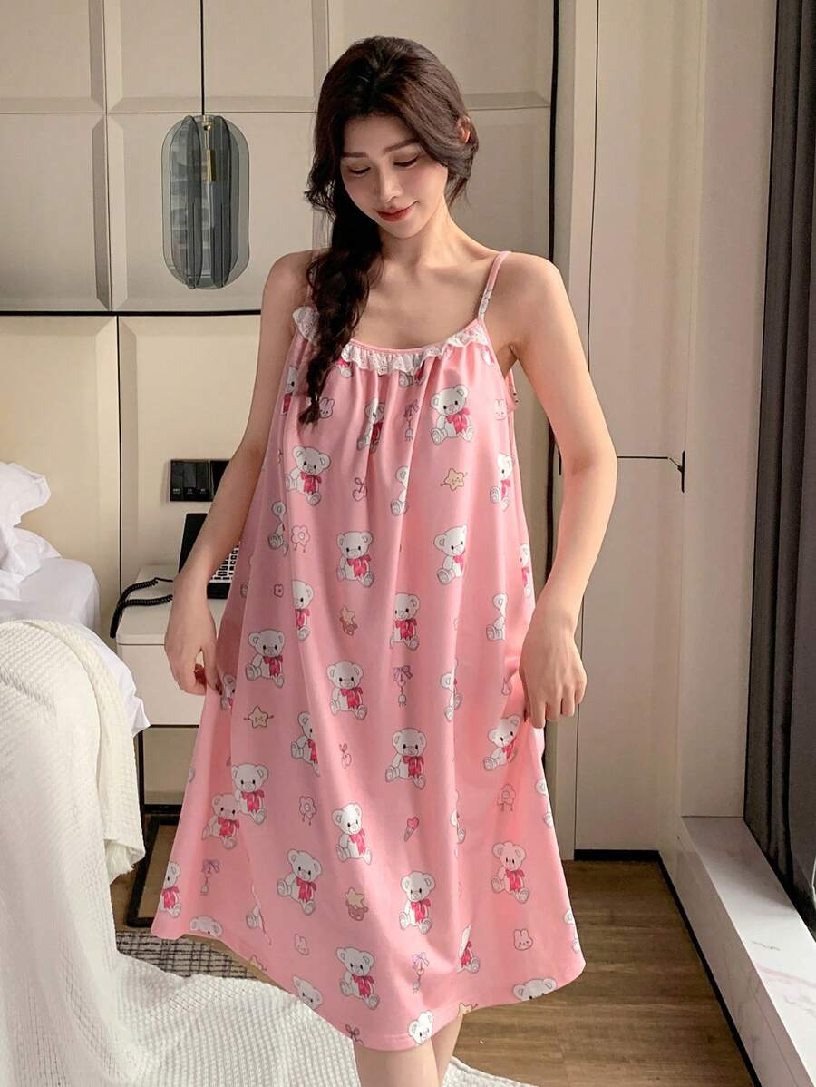 DAZY Cute Bear Print Ruffle Trim Strap Nightgown - Pink - View 1