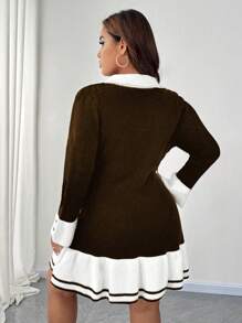 SHEIN Unity Plus Size Women Knitted Color Block Sweater Dress With Ruffle Trim & Button Decor, Elegant For Autumn/Winter Fall Cloth For Women - Coffee Brown - View 2
