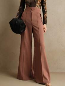 Anewsta Elegant High-Waisted Flared Women's Dress Pants With Double-Breasted, Suitable For New Year's Outfit
