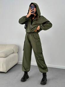 SHEIN Tall Simple Short Jacket And Casual Long Pants Set - Green - View 1