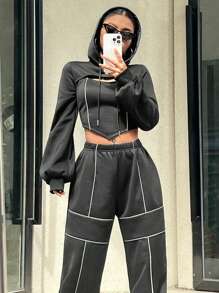 Coolane 2pcs/Set Women Hoodie Top & Pants Set, Solid Color