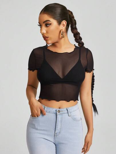 SHEIN BAE Lettuce Trim Sheer Mesh Crop Top Without Bra, Going Out Top