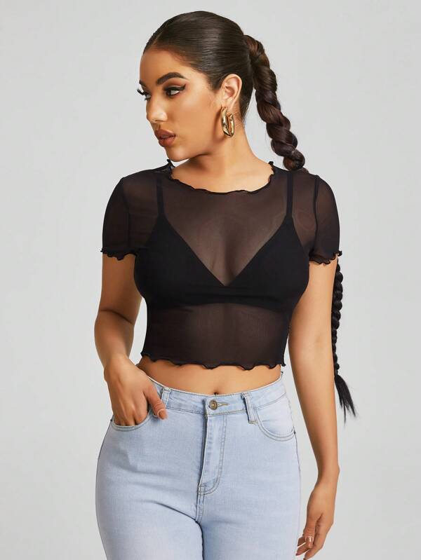 SHEIN BAE Top transparente de malla con ribete de lechuga y sin sujetador, ideal para salir