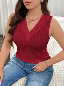 SHEIN LUNE Plus Size V-Neck Casual Soft Tank Top - Burgundy - View 5