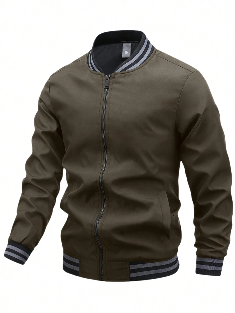 Manfinity Homme Jaqueta de Colégio Masculina com Zíper e Recorte Listrado, Caimento Folgado - Castanho - Visão 1