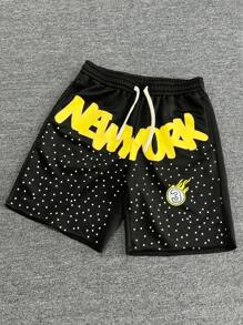 Manfinity Streetrush Shorts casuales rectos con estampado de letras versátil y de moda para hombre, estilo de ropa urbana estadounidense, shorts con gráficos para hombres, ropa de hombre, shorts para hombre