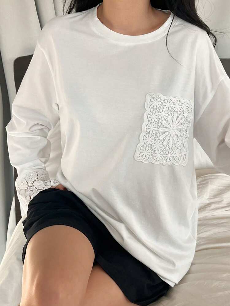 2pcs/Set Women's Soft & Comfortable Lace Patchwork Long Sleeve Pajama Set