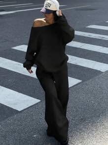 Muchica 2 件女式宽领露肩宽松休闲运动衫和阔腿运动裤套装，厚保暖内衬，适合秋冬季 - 黑色 - 查看 3