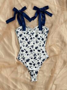 Soleia Bodysuit Feminino Decote com Alças em Azul e Branco com Estampa Floral Miúda, Primavera/Verão - Azul e Branco - Visão 2