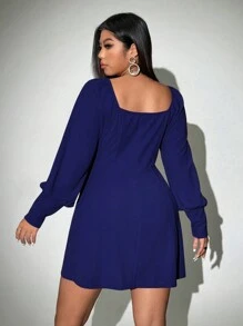 Viva Relle Plus Size Solid Color Sweetheart Collar Long Sleeve Casual Short Dress - Blue - View 5