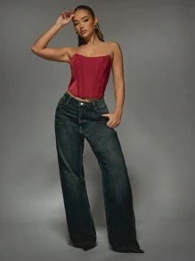 MISSGUIDED 缎面系带露背钢圈紧身胸衣抹胸上衣圣诞节 - 酒紅色 - 查看 4