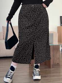 Dazy Plus Jupe droite mi-longue imprimé léopard grande taille avec taille élastique et fente latérale, toutes saisons, vêtements d'automne