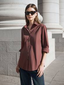 BizChic 棕色长袖办公室衬衫，适合圣诞派对、新年约会、春夏女装 - 巧克力棕 - 查看 9