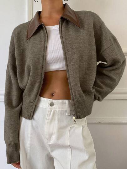 DAZY Loose Fit Color Block Long Sleeve Front Zipper Up Cardigan For Women,Fall Women Clothes Jacket School