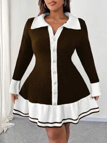 SHEIN Unity Plus Size Women Knitted Color Block Sweater Dress With Ruffle Trim & Button Decor, Elegant For Autumn/Winter Fall Cloth For Women - Coffee Brown - View 7