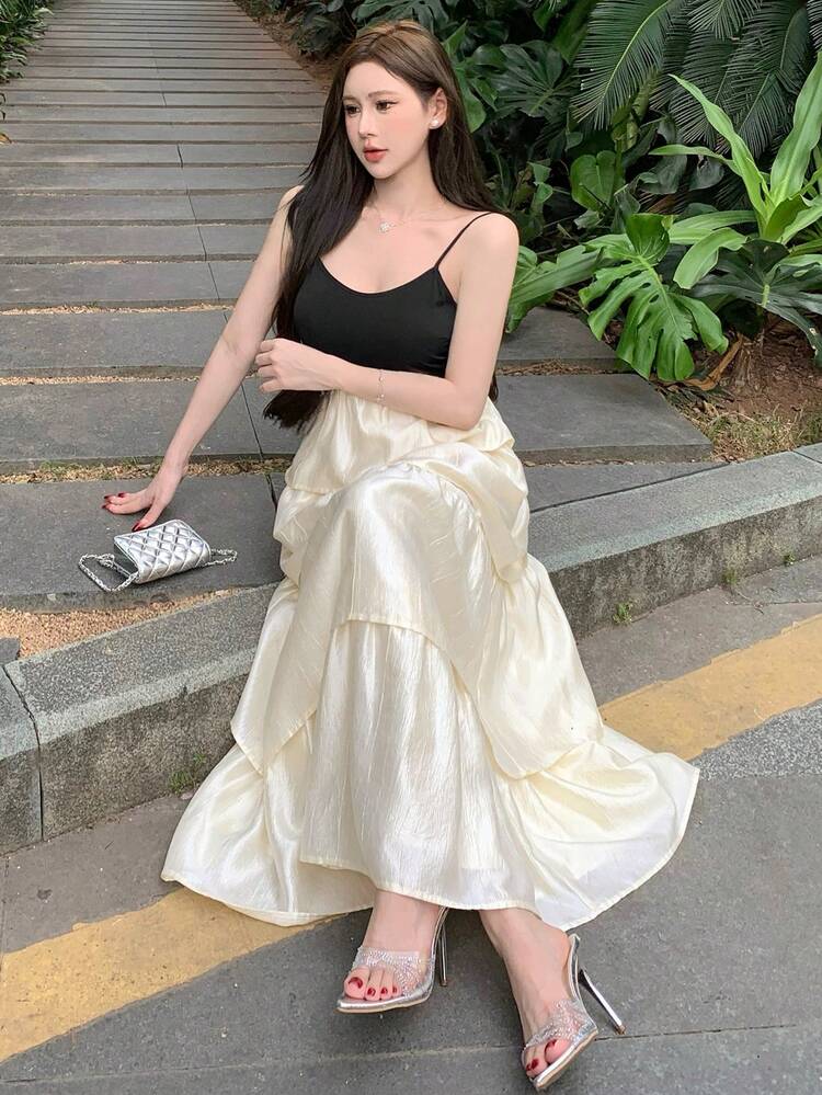 Women Patchwork Midi Casual Dress, Chic & Stylish For Daily Wear Sundress
