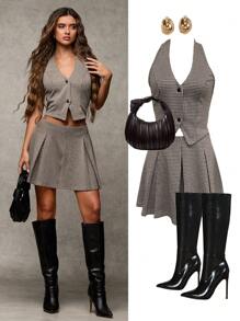 SHEIN BAE Casual Houndstooth Pattern Button Vest And Pleated Mini Skirt Set - Khaki - View 7