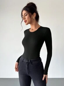 Firerie 女士蕾丝拼布露背扇贝边长袖紧身衣