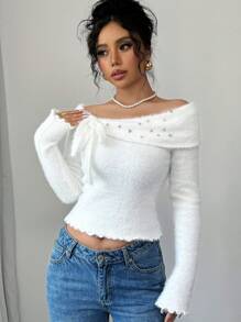 Elenzga Franse stijl off shoulder gebreide trui voor vrouwen, mode strass strik decor korte zachte pullover top