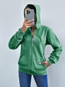 RueChic Fall Casual 100% Cotton Zip Up Drawstring Hoodie - Green - View 5