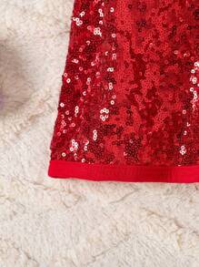 SHEIN Conjunto de top de manga larga con rayas y falda mini roja con lentejuelas para niñas, adecuado para Navidad en otoño/invierno - Rojo - Ver 4