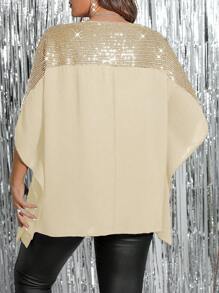 SHEIN Clasi قميص أسود مطرز بالترتر وأكمام خفافيش مناسب للمرأة البدينة، طراز أنيق مناسب لحفلات والكريسماس وهالوين - لون مشمشي - مشاهدة 2