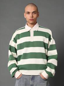 SUMWON Gestreept poloshirt in rugbystijl, casual, college, preppy, lange mouwen, sport, varsity, klassiek, streeppatroon, comfortabel, atletisch, herfst/winterkleding