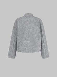 INAWLY Women's Solid Color Drop Shoulder Long Sleeve Single-Breasted Loose Casual Jacket, Autumn - Light Grey - View 12