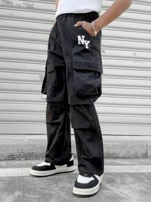 1pc Tween Boys Casual Black Pants, Teenage Boys' Loose Fit Utility Trousers