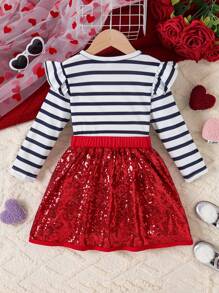 SHEIN Conjunto de top de manga larga con rayas y falda mini roja con lentejuelas para niñas, adecuado para Navidad en otoño/invierno - Rojo - Ver 2
