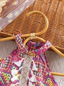 Travachic KIDS Baby Girl Summer Vacation Cute Floral Print Tassel Strap Sundress - Red - View 3