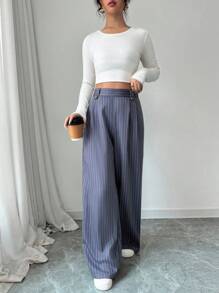 SHEIN Frenchy Women's Blue White Stripe Loose Fit Pants,Elegant Office Trousers For Autumn,Casual Everyday Wear,Decorated With Buttons,Suitable For Matching Suits - Multicolor - View 1