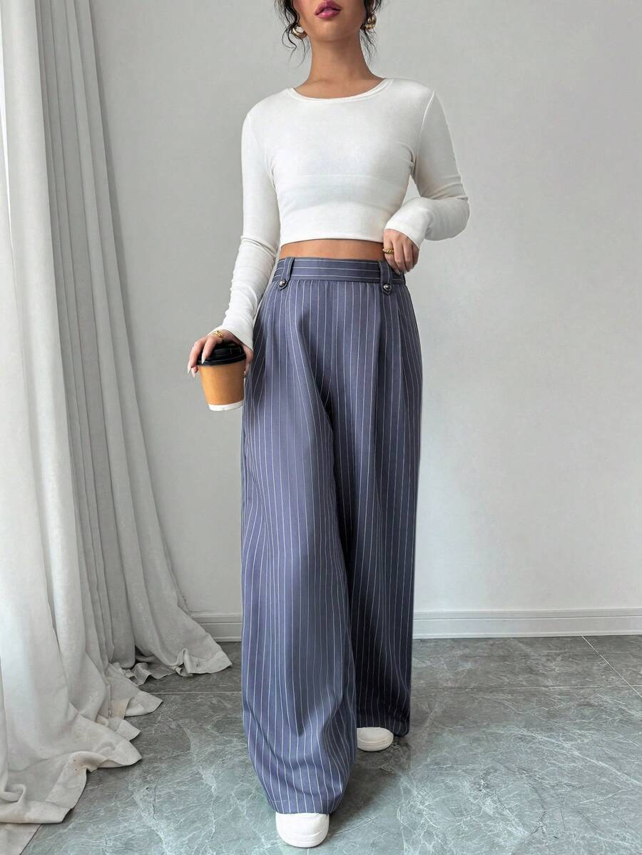 SHEIN Frenchy Women's Blue White Stripe Loose Fit Pants,Elegant Office Trousers For Autumn,Casual Everyday Wear,Decorated With Buttons,Suitable For Matching Suits - Multicolor - View 1