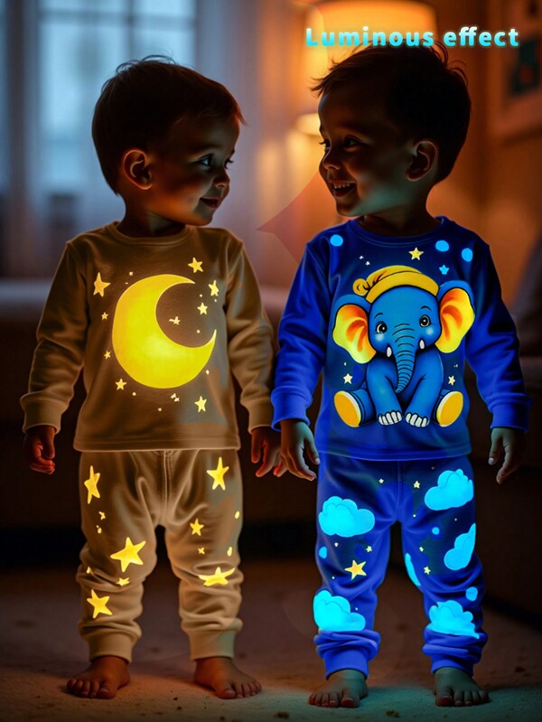 2pcs Newborn Baby Boys' Snug Fit Luminous Elephant & Moon Print Long Sleeve Top And Long Pants Pajamas Set, Comfy Homewear