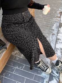 Dazy Plus Jupe droite mi-longue imprimé léopard grande taille avec taille élastique et fente latérale, toutes saisons, vêtements d'automne