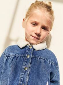 Maija Kids Maija Kids Young Girls Blue Star & Moon Print Plush Collar Patchwork Casual Denim Jackets & Coats, Warm For Autumn & Winter - Blue - View 4