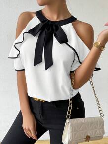 EMERY ROSE Women's Solid Color Lace-Up Front Off Shoulder Casual Blouse - White - View 6