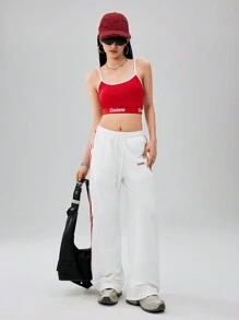 SHEIN Teen Girls Fashionable Street-Style Color-Blocking Webbing Top And Shorts 2pcs Set, Suitable For Spring And Summer, Workout Sets, Summer Sets, Back To School Clothes - White - View 5