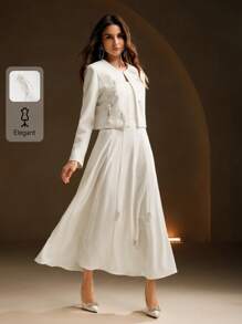 Anewsta Elegant White Sequin Decor 2 Pieces Set: Fitted Long Sleeve Blazer & Long Slip Dress, High-End Look - White - View 9
