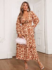 SHEIN VCAY Vestido con top acampanado de manga larga con escote en V con estampado de corazones de animales y estampado de leopardo, falda de volantes, adecuado para vacaciones, playa, fiesta, San Valentín, Año Nuevo, citas románticas, estilo bohemio occidental, talla grande - Multicolor - Ver 6