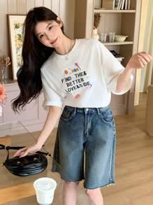 DAZY 女士刺绣字母 T 恤，休闲时尚日常穿着夏季超大 T 恤，图案 T 恤 - 白色 - 查看 5