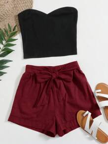 SHEIN VCAY Conjunto de 2 piezas de top tubo y shorts estilo bohemio casual de vacaciones para mujer de talla grande, para el verano