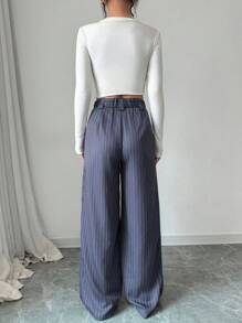 SHEIN Frenchy Women's Blue White Stripe Loose Fit Pants,Elegant Office Trousers For Autumn,Casual Everyday Wear,Decorated With Buttons,Suitable For Matching Suits - Multicolor - View 2